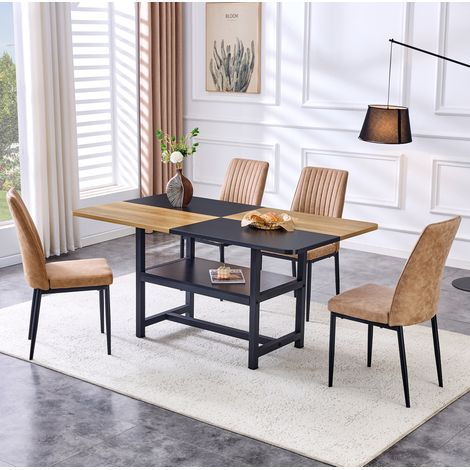 Set da pranzo con tavolo e 4 sedie, MDF e metallo nero, tessuto tecnico marrone, tavolo rettangolare 160 cm con ripiano (1/5)
