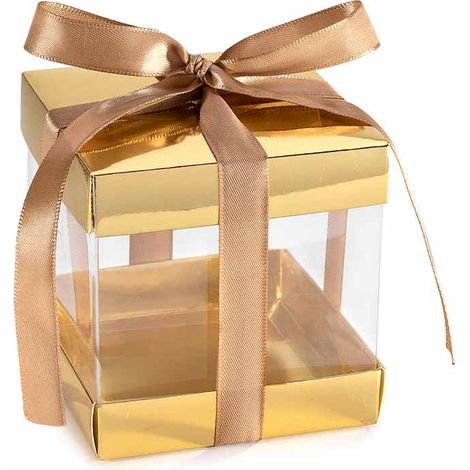 Boîtes cadeaux dorées en PVC avec fond et couvercle en carton rigide et nœud en satin, lot de 30, 9 x 9 x H. 9 cm