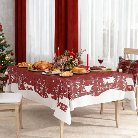Weihnachtstischdecke Rot 152x305 cm, wasserfest, mit Weihnachtsmotiv