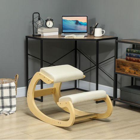 Silla ergonómica de rodillas 55x85x55 cm blanco crema en madera con base basculante (1/5)