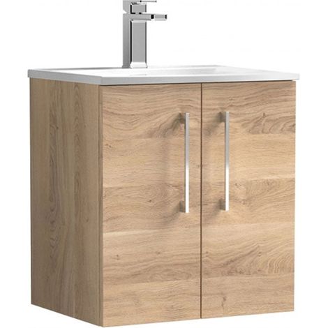 Nuie Arno Bleached Oak Woodgrain 500mm Wall Hung 2 Door Vanity Unit and Curved Ceramic Basin - ARN3021G (1/5)