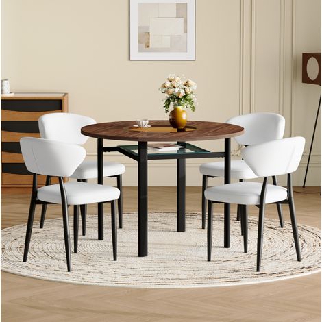 Ensemble table ronde 100 cm en MDF effet bois avec 4 chaises blanches en PU, OKWISH (1/5)