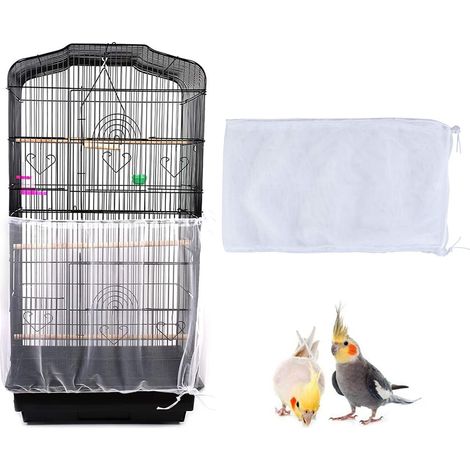 Housse Cage Oiseau, Nylon en Filet de Protection pour Cage Oiseaux Lavable, Housses Anti Graine pour Cages à Oiseaux, Jupe de Cage à Perroquet, Attrape Graine (Blanc) (1/5)