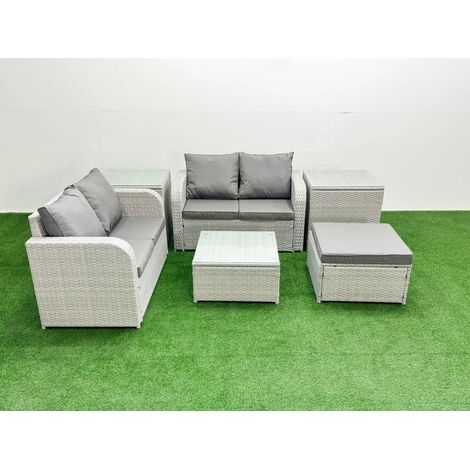 Fimous 5 Seater Outdoor Love Sofa Set Rattan Garden Furniture Set with Square Coffee Table Big Footstool 2 Side Tables Light Grey (1/4)