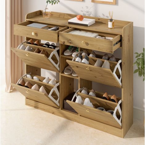 Zapatero 110x26x100 cm natural en tablero de partículas con 4 puertas abatibles, 2 cajones y 3 huecos abiertos (1/5)