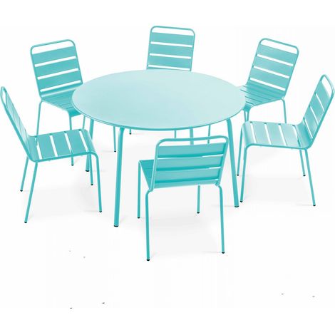 Ensemble table de jardin ronde et 6 chaises en métal turquoise - Palavas