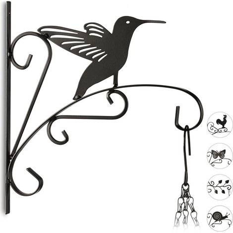 Crochet à fleurs avec oiseau Colibri, support mural pour pots et suspensions, 30 x 27,5 x 2 cm, noir (1/5)