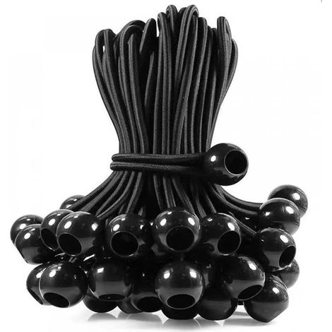 Pack of 50 black 150mm elastic bungee cords, elastic cord with ball, stretchable elastic balls for marquees, tents, banners and tarpaulins (1/3)