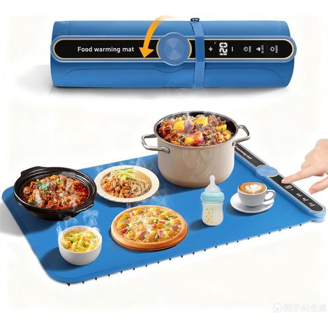 Chauffe Plat Électrique, Plateau Chauffant Électrique Pliable, 40-120°C Plateau Chauffant en Silicone Portable avec Minuteur 6 Heures et 9 Réglages de Température pour Buffets Fêtes 60X38CM, bleu