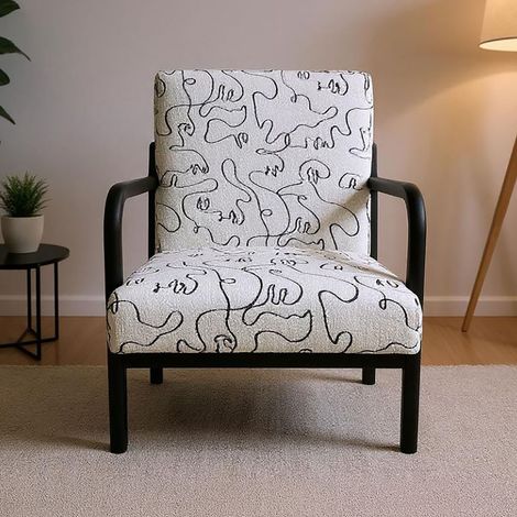 Fauteuil avec décors 74x64x78 cm en tissu blanc et bois d'hévéa noir (1/3)