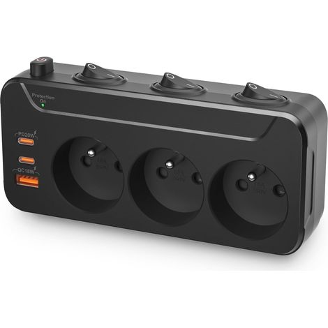 Multiprise Murale avec USB C Charge Rapide, 3 Prises Françaises avec Terre  Bloc Prise Multiples avec Interrupteur Individuel,Parafoudre et Surtension,Charge Rapide PD20W,Triplette Prise Rotative,Noir (1/5)