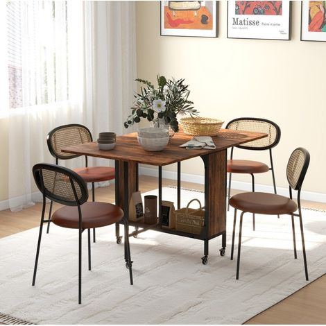 Mesa plegable de madera 130 x 80 x 74 cm marrón rústico, para 6 personas, con ruedas y estante (1/5)