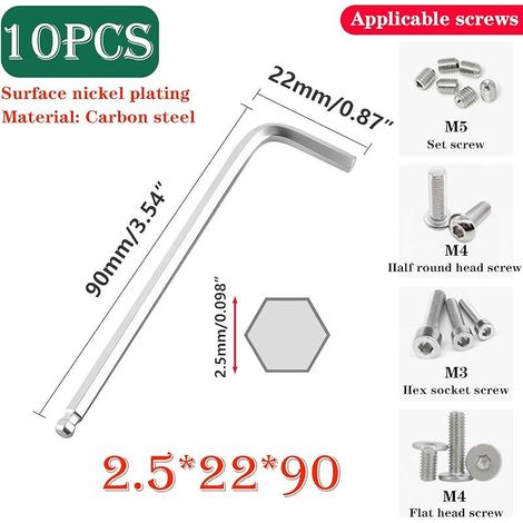 10 Stück 2,5-mm-Kugelkopf-Innensechskantschlüssel, langer L-förmiger Arm, Inbusschlüssel für Heimwerker- und Maschinenreparaturen (1/5)