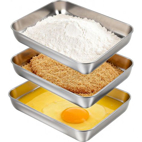 Lot de 3 Plateaux Inox Rectangulaires, Boîtes de Conservation Alimentaire, Bacs Gastronomiques pour Panure, Cuisson et Service, 25.5x20x4.5cm (1/5)