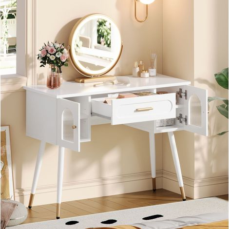 Coiffeuse LED avec miroir, 1 tiroir et 2 placards, rangement, 100x42x112 cm, blanc et doré (1/5)