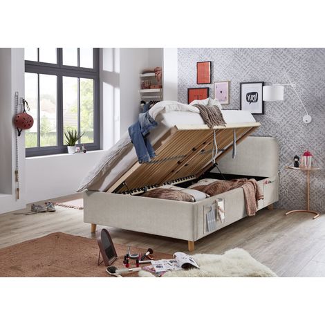 Meise Möbel Stauraumbett Cosy 140x200 cm Doppelbett Bettkasten & Lattenrost (Federholzrahmen) USB Strukturstoff Beige Holzfuß eichefarbig (1/5)