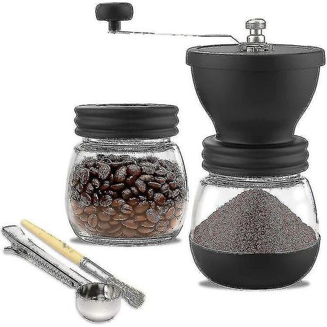 Moulin à café manuel à mouture grossière réglable en céramique, compact et portable, avec manivelle, idéal pour la maison, le bureau et les voyages. Brosse et cuillère incluses. (1/5)