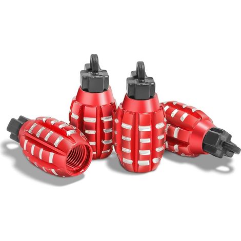 4 Pièces Bouchons Valve en Aluminium, Bouchons Valve en Forme De Grenade, Bouchons de Tige de Valve de Pneu, Anti-Poussière, pour Voitures, SUV, Vélos, Camions, Motos (Rouge) (1/5)