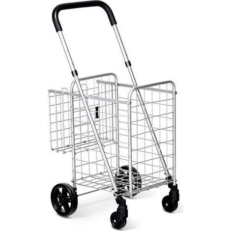 Folding Shopping Cart Basket Rolling Trolley with Adjustable Handle-Silver (1/5)