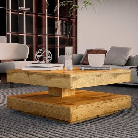 Tavolino da salotto Monolith con doppio piano quadrato girevole in rovere wotan 67x67 cm
