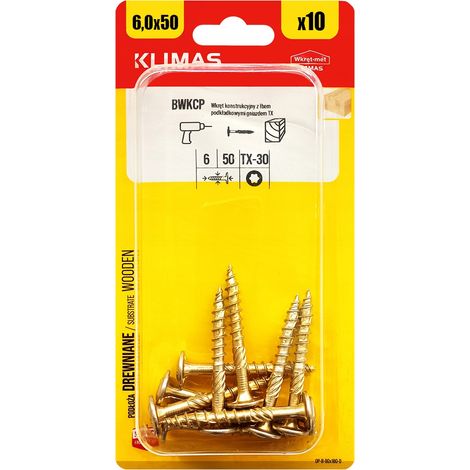 Vis Charpente Bois Klimas, 6 x 50 mm, Empreinte Torx, Tête Disque, Blister 10 Pièces (1/5)