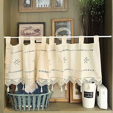 Kurzer Fenstervorhang, Vintage-Gardine aus Baumwolle und Leinen mit Quasten, Café-Gardine mit Häkelspitze für Café, Küche, Bistro, Landhausstil, Beige, B x H 145 x 45 cm (1/4)