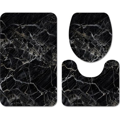 Badematten-Set, 3-teiliges Set für die Toilette, schwarze Marmor-Badematte – Größe 50 x 80 cm