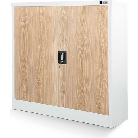 Kleiner Aktenschrank C001B Büroschrank mit Flügeltüren Metallschrank Lagerschrank Pulverbeschichtet Stahlblech Abschließbar 92,5 cm x 90 cm x 40 cm (H x B x T) (Holzoptik-Weiß) (1/4)