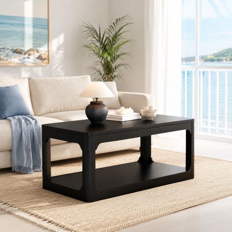 Schwarzer Couchtisch 100 cm mit zwei Ablagen aus MDF, 100 x 50 x 44,5 cm (1/5)