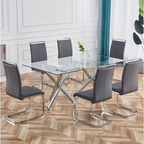 Lot de 4 chaises cantilever 54x42x100 cm en similicuir gris, métal chromé, salle à manger – MEUBLIV (1/5)