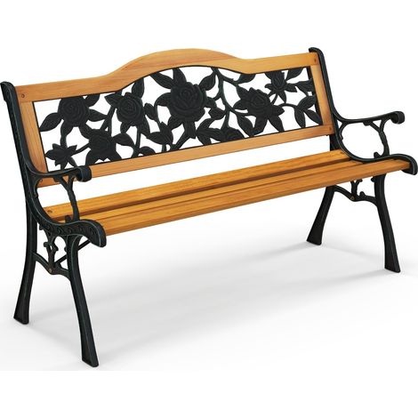 COSTWAY Banco Jardin Exterior de 3 Plazas, Bancos para Exterior con Estructura de Metal Fundido, Asiento de Madera, Reposabrazos Curvos, Banco Madera, 127,5 x 52,5 x 73,5 cm (Estilo 1) (1/5)