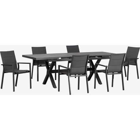 SKLUM Set aus rechteckigem Gartentisch 180-240x90 cm, ausziehbar, und 6 stapelbaren Gartenstühlen mit Armlehnen aus Aluminium Karena Grau Graphit                                  