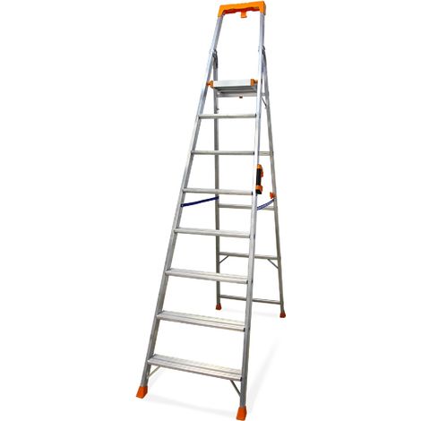 Escabeau professionnel 8 marches – Hauteur de travail 3,85m – Aluminium léger et robuste – Charge max 150kg – Poignée ergonomique et porte-outils – Keli (1/5)