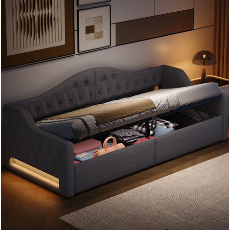DESVIAE Lit de jour rembourré 90 x 200 avec éclairage LED sur les deux côtés et grand espace de rangement intégré gris (1/4)