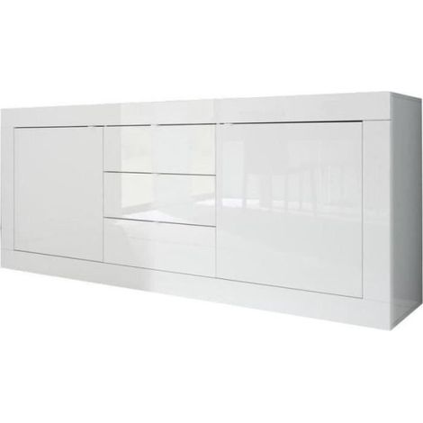 Buffet BASICO 2 Portes 3 Tiroirs Blanc Laqué brillant - L210xP42xH85,8 cm (1/5)