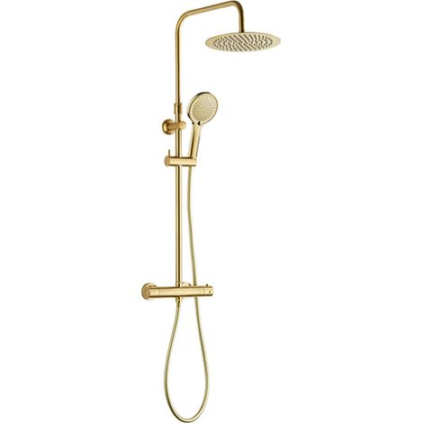 Edouard Rousseau – Colonne de douche thermostatique – Laiton brossé – Tête Ø 250 mm orientable – Douchette 3 jets – Bras télescopique ajustable – Flexible 1,50 m (1/3)