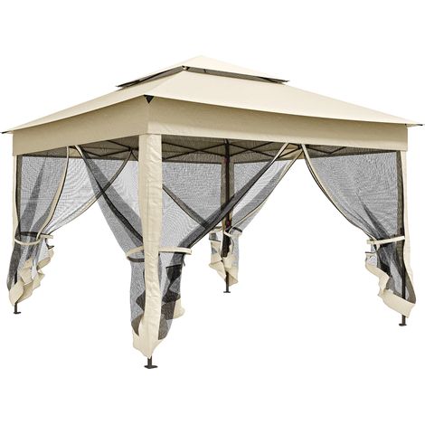 Tente tonnelle de jardin dépliante 3x3 m, structure métal, polyester déperlant anti-UV, moustiquaire incluse, housse de rangement, beige. (1/5)