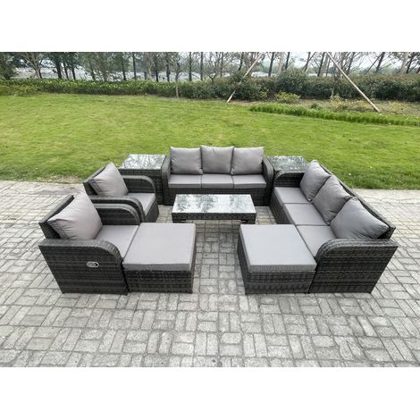 Fimous 10-Sitzer Polyrattan Sofa Set Terrassen Gartenmöbelset mit Liegestühle Couchtisch 2 Beistelltischen 2 hohen Hockern Dunkelgrau Gemischt (1/5)