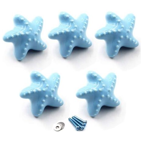 QORVA-(Paquet de 5 vis incluses) bouton de tiroir bleu boutons d'armoire en céramique poignée de chambre d'enfants en forme d'étoile de mer pour tiroirs de commode
