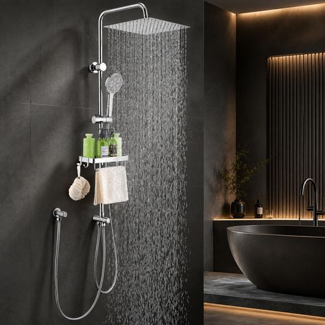 Aihom – Colonne de douche sans robinetterie en acier inoxydable – Douche de tête 30x30 cm – Barre réglable 92-120 cm – Étagère intégrée – Flexible anti-torsion (1/5)