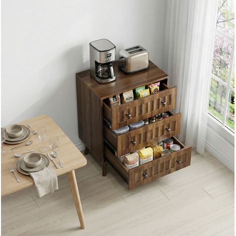 Commode 60x40x79 cm noyer en MDF avec 3 tiroirs et poignées métalliques (1/5)