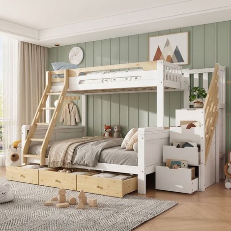 Lit superposé 90 x 200 + 140 x 200 cm lit superposé enfant en structure en bois blanc et aspect naturel escalier de rangement (1/5)