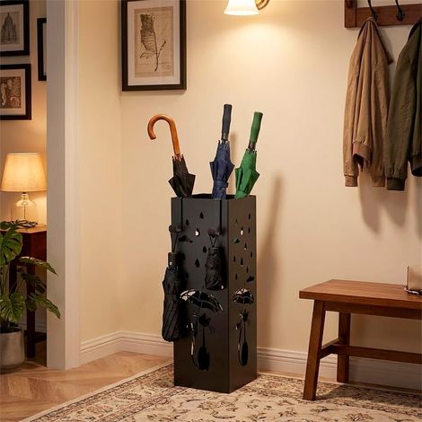 Arreditaly Portaombrelli In Metallo Con Decorazione Gatto Vaschetta Scolapioggia Removibile E 2 Ganci Laterali Base Antiscivolo Stand Quadrato Design Per Ingresso Casa E Ufficio 49 x 15.5 x 15.5 Cm - (1/5)
