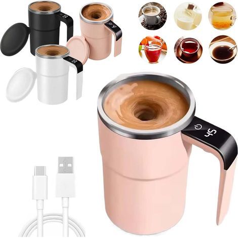 Tasse à mélanger automatique - Tasse Magnétique Rechargeable par USB Lavable, Mélangeur électrique pour Café 380 ml, Rose