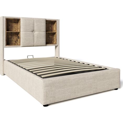 Cama individual 90x200 cm con carga inalámbrica, USB-C y almacenamiento, lino natural (1/5)