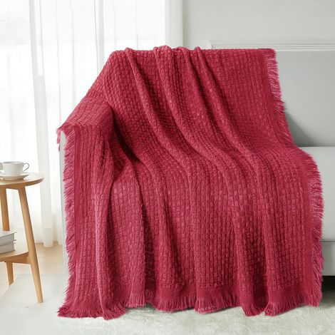 Mezcla Plaid Couverture Douce à Franges, 150x200 CM, Rouge (1/5)