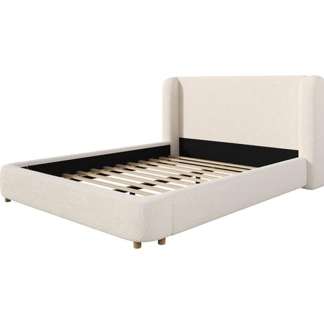 Letto matrimoniale imbottito con rete a doghe e testiera imbottita, bouclé beige, 180 x 200 (1/5)