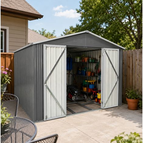 Caseta de jardín metálica gris 258,8 × 313,4 × 191,5 cm con techo a dos aguas, puertas dobles, ventilación y marco de suelo integrado para exterior – CHICFURN (1/5)