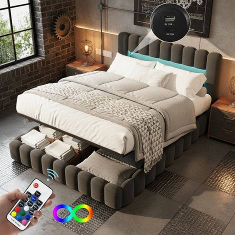 Lit 140x200 avec rangement, lit double en tissu lin - ports USB et Type-C, éclairage LED, sommier à lattes - scandinave, Gris (1/5)