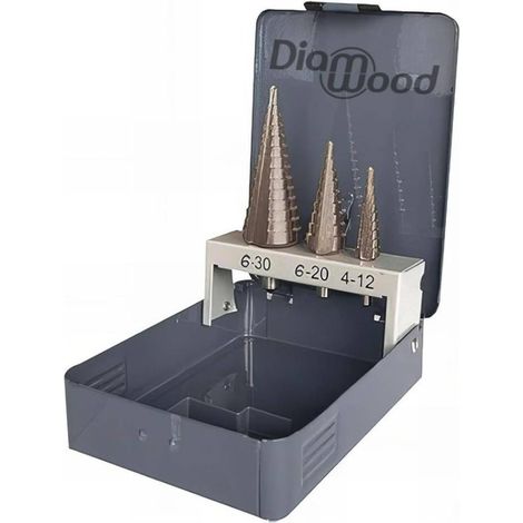 Coffret de 3 Forets HSS Étagés D.4-12/ 4-20/ 4-30 mm x Q. Cylindrique - Outil de Perçage et Durable pour Métal - Diamwood